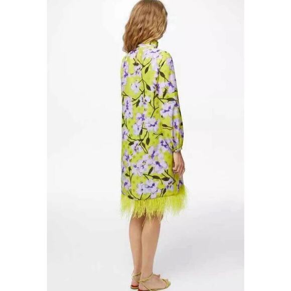 Carolina Herrera Silk Mini Dress M Feathers Long Sleeve Green Floral Neck Tie - Picture 4 of 10